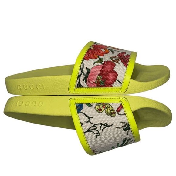 Gucci Canvas Flora Print Slide Sandal EU 36.5 US 6.5 Fluorescent Neon Yellow - Picture 7 of 10